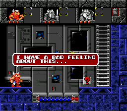 A side-scrolling level displays three Viking characters positioned at different heights across a dark industrial room with metal walls and blue-trimmed architectural elements. The top screen shows a horizontal corridor with enemies and platforms, while the bottom screen depicts a vertical chamber with a character standing on blue geometric platforms. A white text banner reading 'I HAVE A BAD FEELING ABOUT THIS' spans across the middle of the screen. The pixel art uses a dark color palette with orange character sprites and blue accent colors throughout the level design.