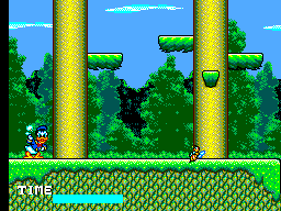 Donald Duck stands on a grass platform in the lower left of a forest level with two tall brown tree trunks dominating the center. Green foliage and blue sky fill the background with simple parallax layers. A yellow platform hovers between the trees in the upper right. The HUD at the bottom displays a score counter on the left and a dime icon indicator on the right, with a brick-textured ground strip. Sprites are chunky 8-bit SMS-era pixel art rendered in primary colors.