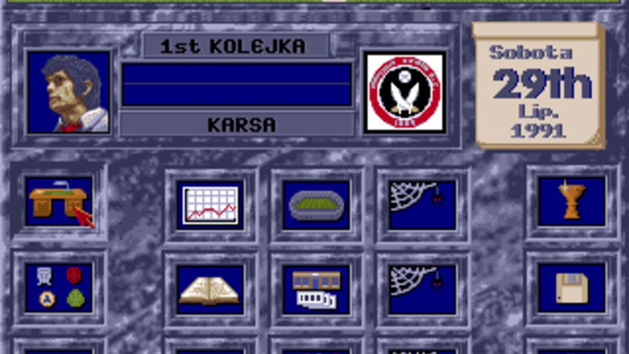 A management interface displays a player card labeled '1st KOLEJKA' for KARSA team, featuring a pixelated portrait of a man with dark hair on the left and a red-and-white team crest on the right. Below is a grid of nine icon tiles representing various game functions: a building structure, a statistics graph, a stadium, a spider web pattern, a trophy, currency symbols, an open book, a building diagram, and a floppy disk. A cream-colored panel in the upper right shows 'Sobota 29th Lip. 1991' indicating the in-game date. The interface uses a blue and gray color scheme with beveled button styling typical of early 1990s DOS software.
