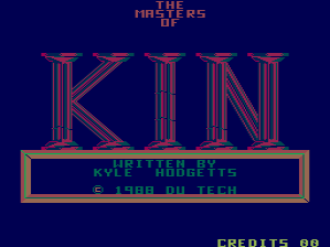 The title screen displays large pixelated text spelling 'KIN' in red and blue striped vertical columns against a dark blue background. Below the main title sits a tan-colored rectangular banner containing the subtitle 'KYLIE NAKKETS' in blue text, followed by copyright information '© 1988 DU TECH' in smaller blue lettering. The top of the screen shows 'THE MASTERS OF' in red text above the KIN logo. In the bottom right corner, green text reads 'CREDITS 08'. The overall aesthetic uses a limited color palette of red, blue, tan, and dark blue with low-resolution pixel art typography typical of 1988 arcade hardware.