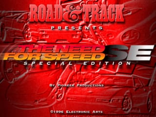 The Road and Track presents The Need for Speed Special Edition title screen displays red textured background with large red shadowed text. Yellow and orange gradient text reading "The Need for Speed" appears in the center. Below are credits stating "by Pioneer Productions" and a 1996 Electronic Arts copyright notice at the bottom. Red automotive design elements and engine imagery fill the background creating a racing theme aesthetic.