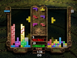 A Tetris playfield displays a vertical stack of multicolored blocks in yellow, pink, purple, and cyan arranged in various formations. The left side shows a brick-textured border with architectural columns, while the right side mirrors this design. At the bottom, a UI panel shows score information with "LEVEL 10" and "TIME 1:36" visible, with a score of 150 displayed. The background features a dark net-like pattern. Several completed and incomplete tetromino pieces fill the playing area in the center.