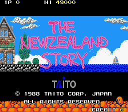 The title screen displays "THE NEWZEALAND STORY" in large magenta letters centered against a blue sky with white clouds and a pixelated landscape featuring a clock tower on the left and buildings. Score and health values appear in the top-left corner showing "IP 0" and "HI 49000". Below the title, the copyright text "© 1988 TAITO CO.,LTD. JAPAN" and "ALL RIGHTS RESERVED" are visible. Orange flame graphics frame the bottom of the screen in a 8-bit pixel art style typical of 1988 arcade games.