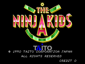 The title screen displays 'THE NINJA KIDS' in large red and yellow pixelated text centered on a black background, flanked by two green bottles tilted outward. Below the title is a curved green banana shape. At the bottom of the screen, white text reads '© 1990 TAITO CORPORATION JAPAN ALL RIGHTS RESERVED' and 'CREDIT 0'. The overall color palette consists of bright red, yellow, green, and white against the black background, rendered in a pixelated arcade style typical of early 1990s arcade games.