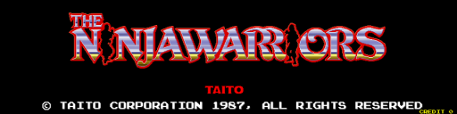 The title screen displays "THE NINJA WARRIORS" in large red pixelated lettering with a 3D beveled effect against a black background. Below the title, "TAITO" appears in red text. At the bottom, white text reads "© TAITO CORPORATION 1987. ALL RIGHTS RESERVED" with a copyright symbol, establishing the arcade game's developer and release year.