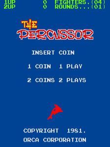 The title screen displays 'THE PERCUSSOR' in large red pixelated letters centered on a blue background. Above the title, score information shows 'TOP 10' and 'FIGHTERS' with numerical values. Below the title, coin insertion instructions read '1 COIN 1 PLAY' and '2 COINS 2 PLAYS' in white text. A red silhouette of a stick figure with extended arm appears in the lower half of the screen. Copyright text states 'COPYRIGHT 1981, ORCA CORPORATION' at the bottom in white lettering.