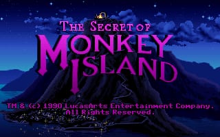 The title screen displays "The Secret of Monkey Island" in large magenta letters against a dark blue night sky with silhouetted clouds and distant stars. Below the title, small white text credits LucasArts Entertainment Company and indicates all rights reserved. The color palette uses deep blues and purples for the sky gradient, with bright pink for the main title text, creating a stark contrast against the dark background.