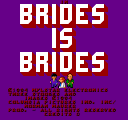 The title screen displays 'BRIDES IS BRIDES' in large white pixelated letters against a purple background, with a small sprite graphic of three cartoon characters centered below the text. Below the graphic sits multiple rows of small white text listing game credits and information, including developer names and copyright details in a standard arcade font typical of 1984-era games.