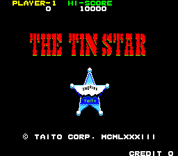 The title screen displays "THE TIN STAR" in large red pixelated text centered on a black background. Above the title, a blue and white five-pointed star sprite with a face occupies the middle of the screen. At the top left, the score readout shows "PLAYER -1" with a value of "10000," while "HI-SCORE" appears in green text at the top right. A copyright notice for Taito Corporation and the date MCMLXXXIII appears at the bottom of the screen. The overall visual style uses a limited color palette typical of early 1980s arcade games.