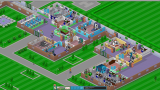 An isometric hospital layout displays two connected building sections on a green grid ground. The left structure contains multiple colored rooms with medical equipment and purple-uniformed staff; the right section houses additional patient areas and facilities. Tiny pixelated characters move throughout corridors and rooms. The art uses bright primary colors—purple, blue, yellow, and red—with low-resolution sprites typical of 1997 DOS graphics. A UI bar is visible at the bottom of the screen.
