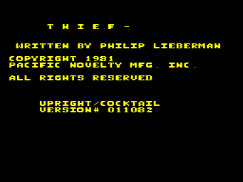 A black screen displays yellow text reading "THIEF" at the top, followed by copyright information crediting Philip Lieberman as writer and Pacific Novelty Mfg. Inc. as copyright holder. Below that appears "UPRIGHT/COCKTAIL VERSION: 011082" in yellow text. The entire interface uses a simple monospace font against a solid black background with no graphics or visual elements visible.