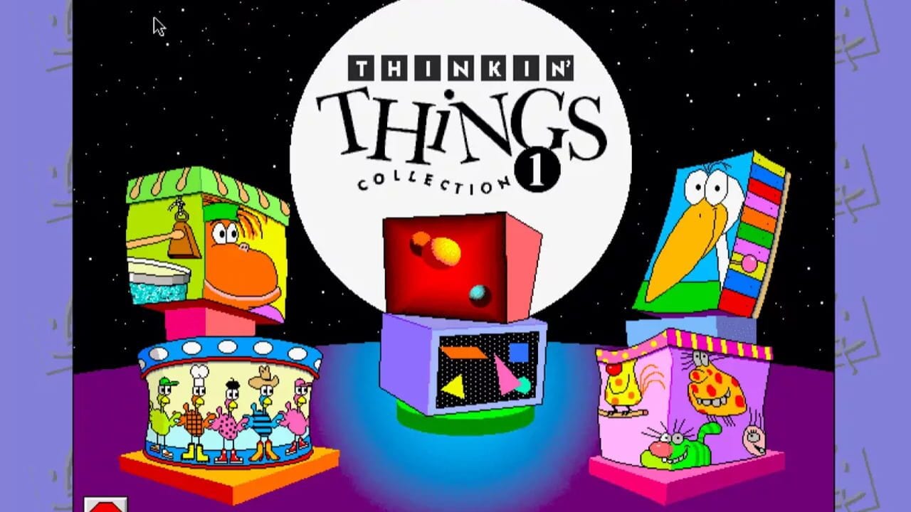 The title screen displays 'Thinkin' Things Collection 1' in a large white circle against a starry black background. Below are six colorful game modules arranged in a semicircle: a yellow kitchen scene with an orange bird, a blue carousel with five small figures, a red cube with planets and a small gray ball, a black geometric puzzle interface with colored shapes, a blue bird character next to a vertical color-bar tower, and a pink scene with smiling food characters. Purple geometric platforms support each module, creating a 3D arrangement. The overall color palette is vibrant with neon pinks, bright blues, greens, and oranges characteristic of 1990s educational software design.