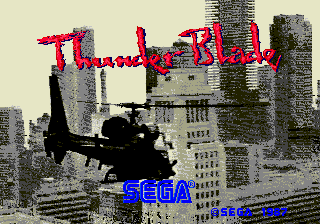 A silhouetted black helicopter hovers in the center of the screen against a stylized cityscape backdrop featuring tall buildings rendered in gray and white pixels. The game title "Thunder Blade" appears in large pink and red letters at the top, with "SEGA" in blue lettering below and "Press Start Button" text visible at the bottom. The cityscape uses a parallax effect with layered buildings creating depth, and the overall aesthetic employs the limited color palette typical of 1987 arcade graphics.