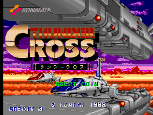 The title screen displays "Thunder Cross" in large golden and red pixelated lettering centered on screen. Below the title sits a blue and white military aircraft positioned above an orange-red explosion effect. A gray metallic structure with rivets and geometric shapes spans the top portion of the screen. Purple and orange flame gradients fill the background sky. The Konami logo appears in the upper left corner, with "CREDIT 0" and "© KONAMI 1988" text displayed at the bottom in arcade cabinet-style formatting.