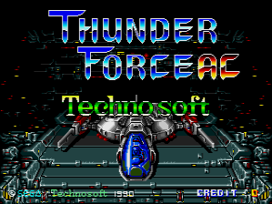 The title screen displays 'THUNDER FORCE AC' in large blue pixelated lettering at the top, with 'Technosoft' credited in green text below. A blue spaceship is centered in the middle of the screen, viewed from above against a dark background with geometric teal and grey structural elements flanking it. The arcade credit counter reads 'CREDIT 1' in the bottom right corner. The overall aesthetic features the characteristic 16-bit sprite resolution and sci-fi color palette typical of early 1990s arcade shoot-em-ups.