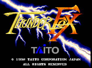 The title screen displays "Thunder Fox" in large yellow and orange lettering with blue lightning bolts crackling across the background. Below the logo, "TAITO" appears in cyan text. At the bottom, copyright information reads "© 1988 TAITO CORPORATION JAPAN" and "ALL RIGHTS RESERVED" in small white text. The entire composition sits against a solid black background with electric blue arcs forming a dynamic border effect around the title.