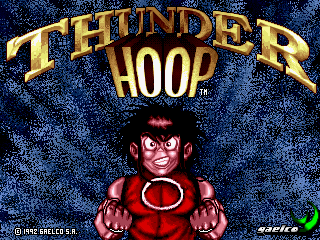 The title screen displays 'THUNDER HOOP' in large gold letters at the top against a blue starfield background. Below the title, a red-skinned character with a round face and exaggerated features wears a red outfit with a white circular emblem on the chest and holds both fists forward. The character sprite uses thick black outlines typical of early 1990s arcade graphics. A small Gaelco copyright notice appears in the lower left, with what appears to be a Sega logo visible in the lower right corner.