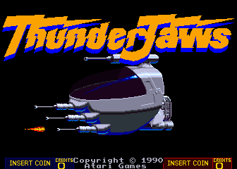The ThunderJaws arcade title screen displays the game's logo in large orange italic lettering at the top. Below it is a side-view illustration of a futuristic spacecraft or jet fighter in dark blue and gray, angled diagonally and firing orange projectiles to the right. The background is black. Copyright text reading "© 1990" appears in the center, with "INSERT COIN" prompts visible at both bottom corners in white text.