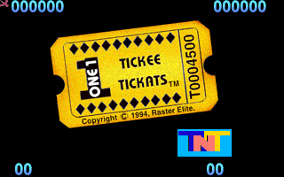 A yellow ticket stub graphic dominates the center of the screen, featuring diamond patterns along its edges and the text "TICKEE" and "TICKATS" in black letters. Below the ticket stub is a copyright notice reading "Copyright © 1993 Raster Elite." The Raster Elite logo appears in blue, red, and yellow pixel-style lettering at the bottom center. Score displays showing "000000" appear in cyan text at the top left and right corners, with "00" repeated at the bottom left and right. The entire scene is set against a black background.