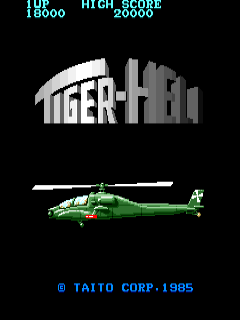 The title screen displays the Tiger-Heli logo in large gray metallic text at the top center. Below it sits a side-view sprite of a green helicopter with visible rotors and landing gear. The top-left corner shows "TOP 16000" and "HIGH SCORE 20000" in cyan text. The bottom of the screen reads "© TAITO CORP.1905" in cyan. The background is solid black, and all sprites use pixel-art style typical of mid-1980s arcade games.