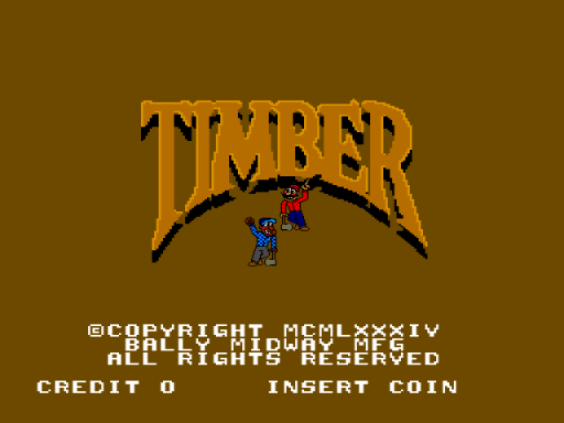 The Timber title screen features large orange pixelated letters spelling "TIMBER" centered on a brown background. Below the title are two small blue pixel characters positioned near a curved black line graphic. At the bottom, white text reads "©COPYRIGHT MCMLXXIV BALLY MIDWAY MFG" with "ALL RIGHTS RESERVED" below, followed by "CREDIT 0" on the left and "INSERT COIN" on the right. The overall color palette consists of brown, orange, blue, black, and white with typical early 1980s arcade sprite graphics.