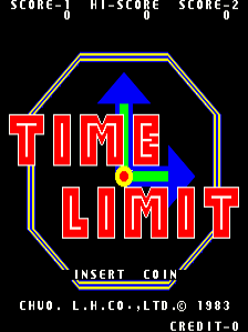 The title screen displays "TIME LIMIT" in large red capital letters with a white outline, centered within an octagonal border. A blue arrow points upward above the text. The score display at the top shows "SCORE-1", "HI-SCORE", and "SCORE-2" with values of 0. At the bottom, copyright text reads "CHUO.L.H.CO.,LTD.© 1983" and "CREDIT: 0". The background is black with white octagonal framing, characteristic of early 1980s arcade game aesthetics. The overall composition uses a simple two-color scheme of red, white, and blue on black.