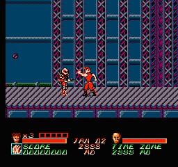 A red-clothed character stands on a striped platform in the center of the screen, facing right toward two orange-robed enemies. The background shows a teal-blue brick wall with a repeating geometric pattern in purple and red. A horizontal striped platform spans the bottom with blue rectangular segments. The HUD displays yellow text at the bottom left reading "STAGE 01" and "LIVES: 3", with "LIFE ZONE" and "EXEC ZONE" labels on the right. The sprite style uses low-resolution pixel art with limited color palettes typical of early NES titles.