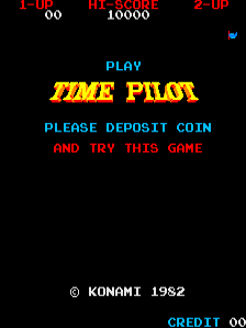 A black arcade title screen displays "TIME PILOT" in large yellow pixelated text with a red outline, centered on the screen. Above the title, a score display shows "1-UP 00", "HI-SCORE 10000", and "2-UP" in small red text. Below the title, cyan-colored text reads "PLEASE DEPOSIT COIN" followed by red text stating "AND TRY THIS GAME". At the bottom, a copyright notice reads "© KONAMI 1982" in white text, with "CREDIT" visible in cyan below it. A small Konami logo appears in the upper right corner.