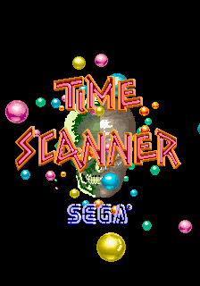 The title screen displays "TIME SCANNER" in large orange capital letters with red outline and yellow shadow effects in the center. Above the title float two small spheres—a yellow orb on the left and a pink orb on the right. Surrounding the text are colorful geometric balls in yellow, cyan, pink, and green scattered across a black background. Below the main title, "SEGA" appears in blue text. A small alien or robot character with a green body is visible near the center-right of the composition. The overall visual style uses bright neon colors typical of 1980s arcade graphics against a solid black backdrop.