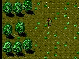 A top-down view displays a soldier character positioned in the center-right of the screen against a olive-green ground with scattered small green projectiles or items. On the left side, eight round green trees with brown trunks are arranged in two clusters. The right side shows sparse vegetation across open terrain. The pixel-based sprite style and limited color palette are characteristic of early SMS-era games.