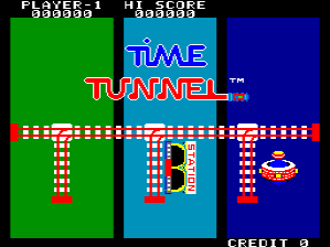 The title screen displays "TIME TUNNEL" in large red block lettering centered on a black background. At the top left, a score counter reads "15365" and top right shows "HISCORE 19306". Below the title, three columnar passages are visible—a green one on the left, a cyan-blue one in the center, and a dark blue one on the right. Each column contains a red doorway structure with a checkered red-and-white pattern border. Inside the center doorway sits a pixelated character sprite. A blue and red spacecraft sprite appears in the right column. The bottom displays "CREDIT 9" in white text.
