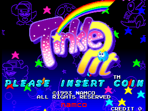 The title screen displays "TINKLE PIT" in large purple and yellow pixelated text with a rainbow arc above it. Four cartoon characters in blue outline style appear in the corners of the screen against a black background. Scattered magenta and blue stars fill the space around the title. Below the logo, white text reads "PLEASE INSERT COIN" and "© 1993 NAMCO LTD. ALL RIGHTS RESERVED", with "CREDIT 0" shown in the lower right corner. The color palette consists primarily of neon purple, yellow, blue, and magenta on black.