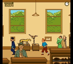A beige-walled interior room displays five characters in 16-bit sprite style positioned across a wooden floor. Two tall windows with landscape views flank the upper walls, with a ceiling lamp between them. Three figures in colored clothing stand on the right side, while two others occupy the left. A wooden bench and table sit center-stage. The bottom-right corner shows a black silhouette panel, likely a game UI element. The color palette uses earth tones and muted hues typical of SNES-era graphics.
