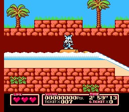 A small white character sprite stands on a tan platform in the center of a brick-textured level with red-brown tones. Palm trees are visible in the background against a blue sky. The level features multiple horizontal brick platforms stacked vertically. At the bottom of the screen, a HUD displays health as pink heart icons on the left, the stage number in the center showing "000000000" with "25 59'13", and what appears to be a score counter on the right. The visual style uses 8-bit pixel art with a limited color palette typical of NES-era games.