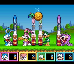A colorful sports game scene displays five cartoon rabbit characters standing on green grass beneath a blue sky, flanked by tall red and pink rocket structures with a yellow sun symbol at the top center. Four character portrait panels with numerical scores of 8 appear in the HUD bar at the bottom of the screen, showing which players are active in the competition. Pixelated sprites and a simple background with trees establish the SNES-era visual style.