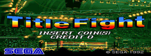 The Title Fight arcade title screen displays the game's name in large blue and orange blocky letters against a green background with yellow decorative lights and steel framework. Below the title, white text reads "INSERT COIN(S)" and "CREDIT 0". The SEGA logo appears in blue at the bottom left, with a copyright notice "© SEGA 1992" on the bottom right. The overall aesthetic uses a pixelated, early-1990s arcade visual style with a stadium or arena-themed backdrop.