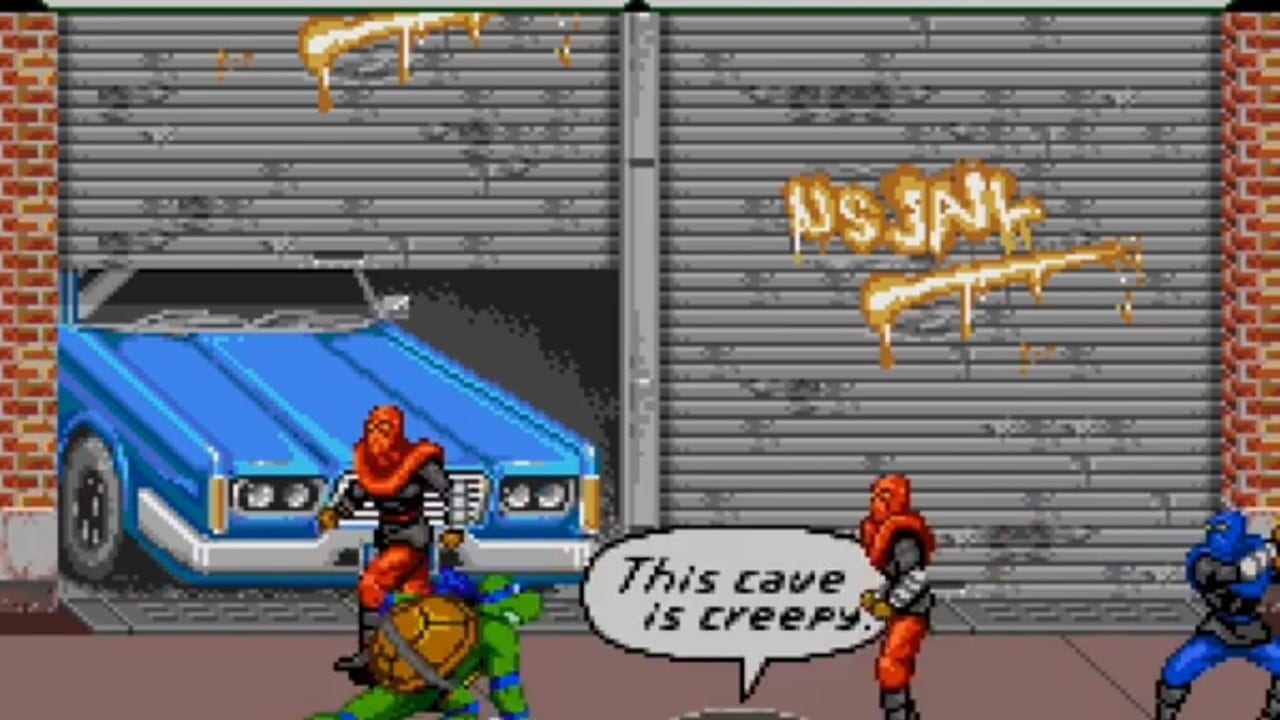 A side-scrolling beat-em-up scene shows three turtle characters in red and blue costumes on a street. A blue-and-white car is parked in a garage behind them on the left. Large yellow graffiti reading "MS.JANI" appears on metal garage doors above. A speech bubble from one character states "This cave is creepy." Red brick walls frame both sides of the scene, and additional enemy characters in red clothing appear on the right edge. The pixel art uses bright primary colors typical of 16-bit sprite graphics.