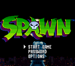 The title screen displays the SPAWN logo in large green and purple pixelated letters across the upper portion. A white skull icon appears within the lettering. Below, three white menu options are listed vertically: START GAME, PASSWORD, and OPTIONS. The background is solid black with a pixelated cityscape silhouette in dark red tones at the bottom. The overall visual style uses SNES-era 16-bit sprite resolution and a limited color palette.