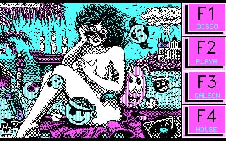 A cyan and black pixelated title screen displays a stylized nude female figure in the center surrounded by surreal imagery including alien-like creatures, tropical plants, and geometric shapes in magenta and cyan tones. On the right edge, four purple function key labels (F1, F2, F3, F4) are stacked vertically. The art uses high contrast black linework against bright neon colors characteristic of early DOS-era graphics.