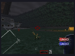A first-person tactical shooter view shows a nighttime outdoor environment with a stone building on the left and dense forest in the background. Two armed soldiers in tactical gear are visible in the middle distance. The HUD displays a mini-map in the lower-left corner, compass bearing at top-left, red crosshair in center, and red "ADVANCE" text with arrow indicators on the right side. Ammunition and health counters appear in the lower-right. The graphics use low-polygon 3D models typical of Nintendo 64 hardware.