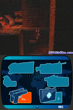 The upper half displays a first-person perspective of a brick-walled interior with orange-red lighting and a character's arm visible on the left side. The lower half shows a blue-bordered inventory interface with four weapon or item slots arranged in a 2x2 grid, displaying what appear to be a gun and a medical kit among other equipment icons. An orange watermark reading "ADW4MGEns.com" appears in the lower right corner of the gameplay portion.