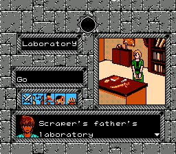 A split-screen interface shows a stone brick dungeon wall on the left with a black horizontal bar containing blue text reading "SCENE", and on the right a first-person indoor room view displaying a bookshelf, desk with items, and a character in green. Below both panels, a red demon skull icon precedes black text describing "Scraper's father's laboratory" against a dark background. The entire scene uses NES-era 8-bit sprite graphics and a limited color palette of grays, browns, reds, and greens.