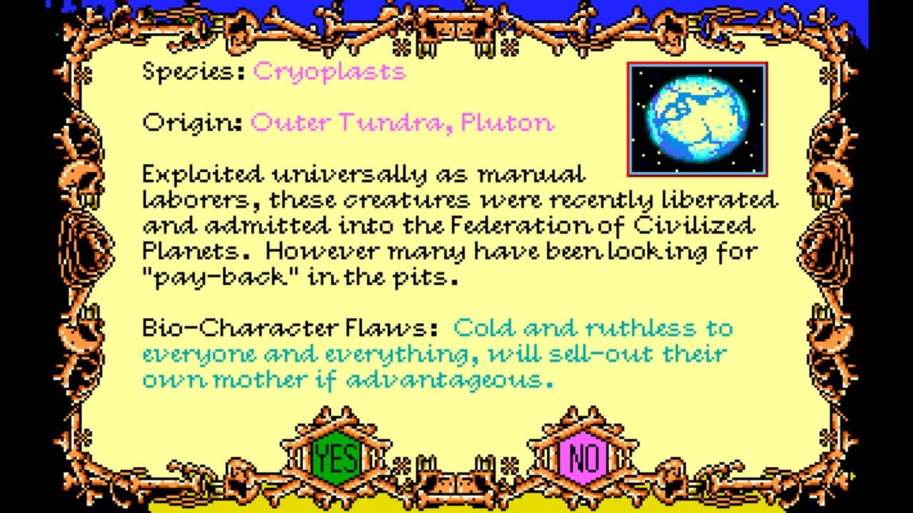 A yellow-background information screen displays text about Cryoplasts, a creature species from Outer Tundra, Pluton. The screen is bordered by ornate brown pixel-art frames with skull decorations on the left and right edges. A small icon in the top-right shows a blue planet against a starry black background. The text describes the creatures' origin, exploitation history, and behavioral traits in multiple font colors. Two interactive buttons labeled "YES" and "NO" in green and magenta respectively appear at the bottom center, sitting on decorative wooden-style UI elements.