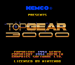 The KEMCO logo in blue appears at the top of a black screen, with the gold and orange 'TOP GEAR 3000' title text centered below, featuring thick outlined lettering and a row of dashes underneath. At the bottom, orange and yellow pixelated text reads 'EMULATED 1994 KEMCO' with additional small text for graphics, software, and an N-digit credit line in the lower left corner.