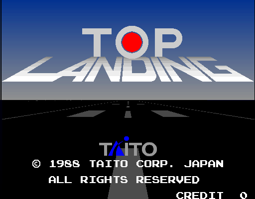 The title screen displays "TOP LANDING" in large white capital letters with a red circle replacing the letter O, set against a blue sky gradient. Below is a runway perspective with gray tarmac and white center markings receding into the distance. The Taito logo appears in the lower third, followed by copyright text reading "© 1988 TAITO CORP. JAPAN ALL RIGHTS RESERVED" and "CREDIT 0" in the bottom right corner, all rendered in pixel-based arcade typography.