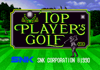 The title screen displays "TOP PLAYERS GOLF" in large yellow-green capital letters centered within a gold-bordered rectangular frame against a black background. A golfer figure in dark clothing is visible on the right side of the frame, mid-swing. The background behind the frame shows a green golf course landscape with trees. Below the main title, the SNK Corporation copyright notice and 1990 date appear in blue text. A small arcade cabinet icon is positioned in the upper right corner of the frame.
