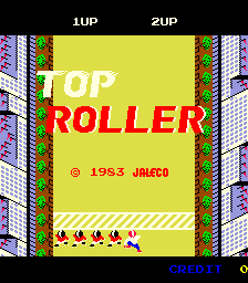 The title screen displays 'TOP ROLLER' in large red letters centered on a bright yellow background. Above the title, '1UP' and '2UP' labels appear in the upper corners. The copyright notice '© 1983 JALECO' is shown below the title in red text. Colorful geometric patterns in purple, blue, and striped designs frame the edges of the screen. At the bottom, a row of small pixelated sprites in red and yellow colors sits above the word 'CREDIT' displayed in blue text.