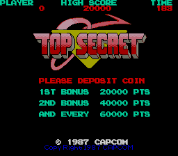 The title screen displays the Top Secret logo in large red and gold lettering centered on a black background, with a stylized diamond shape beneath it. At the top, cyan text shows PLAYER, HIGH SCORE, and TIME displays. Below the logo, red text lists bonus information: 1st bonus worth 20000 points, 2nd bonus 40000 points, and every subsequent bonus 60000 points. A copyright notice for 1987 Capcom appears at the bottom in white text.