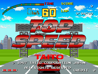 The title screen displays the red "TOP SPEED" logo prominently in the center, constructed from blocky letters with a drop shadow effect. Above the logo sits a red race car viewed from above, positioned on a gray roadway. The background shows a bright blue sky with white clouds and a green grass field with a distant city skyline of gray buildings. Scoring and time information appears at the top of the screen in yellow text reading "TIME" and "SCORE". Copyright text for Taito Corporation Japan and the year 1987 is visible at the bottom, along with small UI elements including "CREDIT" in the lower right corner. The overall aesthetic uses bright primary colors typical of 1980s arcade graphics.