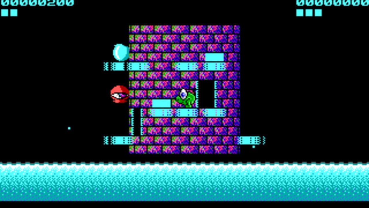 A colorful isometric tower structure dominates the center, composed of magenta and cyan patterned blocks with cyan platforms forming a cross pattern through the middle. A red-and-black robot-like enemy floats on the left side, while a green figure stands inside the tower structure. A cyan spherical object hovers above the tower. The top of the screen displays score counters in cyan text, and the bottom shows cyan-colored water or sand texture. Black background fills the outer area.